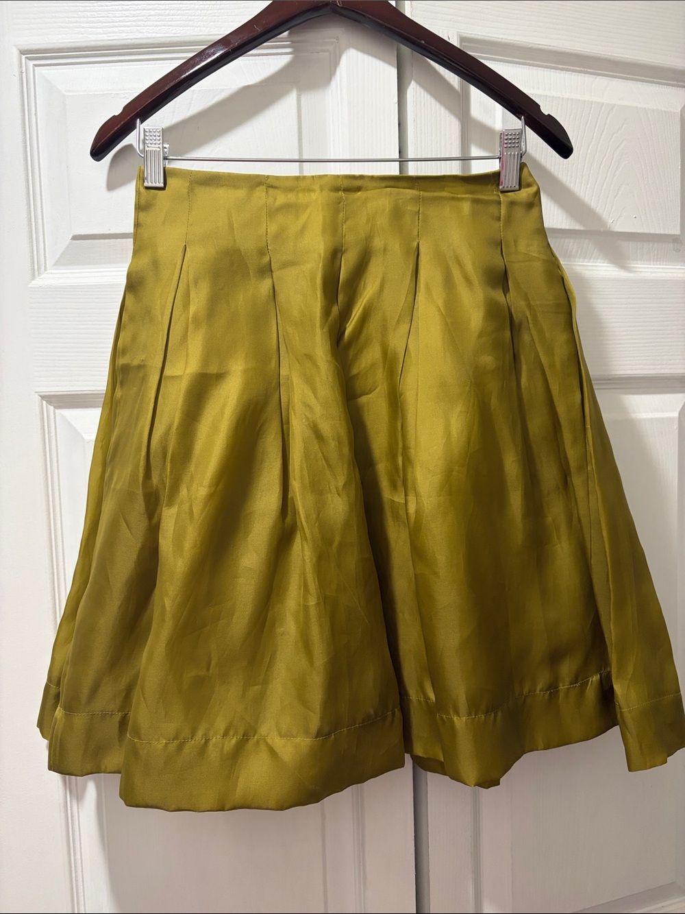 Womens Olive Green Silk Pleated A-Line Skirt